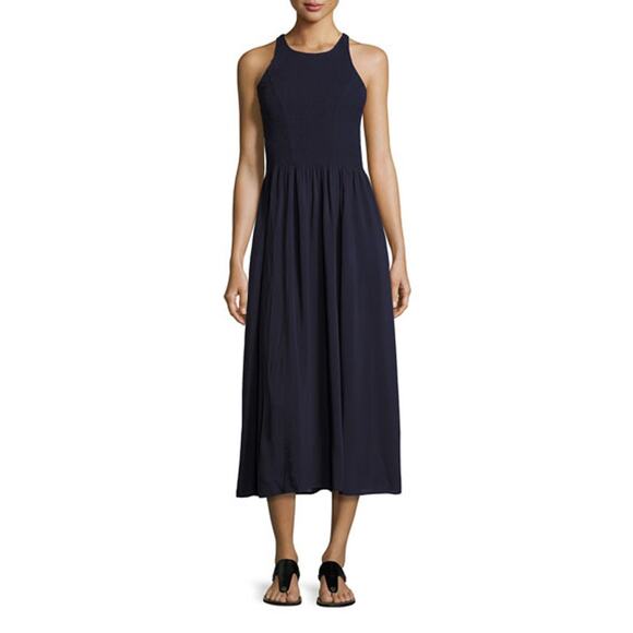 Tory Burch Smocked Racer Back Midi Fit and Flare Dress Style 39454 in Navy, M - Picture 1 of 9